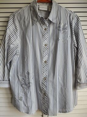 Alfred Dunner Blue And Lavender Striped Button-Down Shirt with Rhinestone Detail